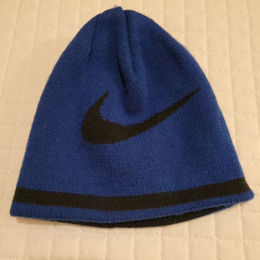Y2K Nike Reversible Beanie Mens Black Blue Knit Skull Cap Winter Hat 90s Skater